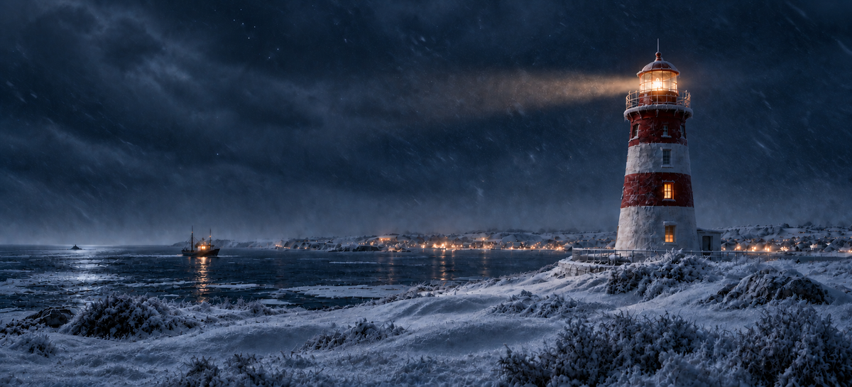 Cold snowy lighthouse and fishing boat at night with a plain finial on the lighthouse